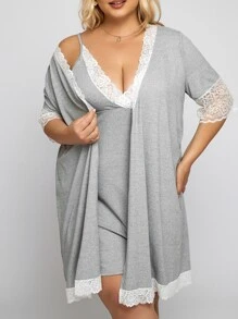 con encaje en contraste Vestido de dormir de tirantes & Bata - Gris Claro - Ver 1