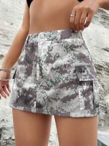 SHEIN EZwear 滿版印花翻蓋口袋工裝裙 - 彩色 - 查看 3