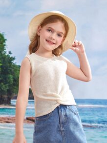 SHEIN Girls Twist Front Knit Top - Beige - View 1