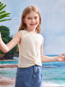 SHEIN Girls Twist Front Knit Top - Beige - View 3