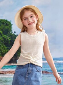 SHEIN Girls Twist Front Knit Top - Beige - View 4