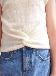 SHEIN Girls Twist Front Knit Top - Beige - View 5