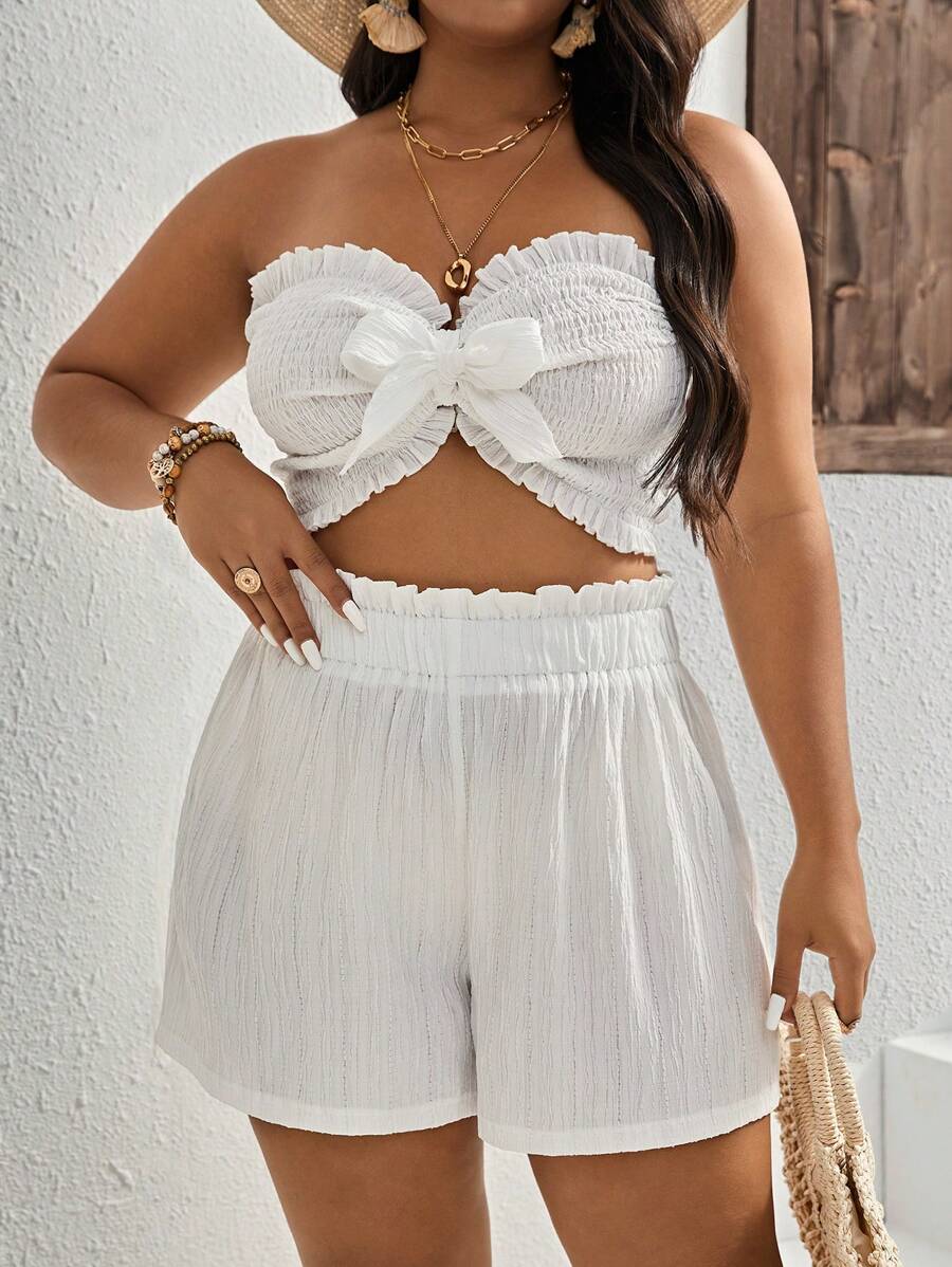 Dreamara 大碼前打結抹胸上衣和紙袋腰短褲 - 白色 - 查看 1