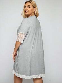 con encaje en contraste Vestido de dormir de tirantes & Bata - Gris Claro - Ver 2