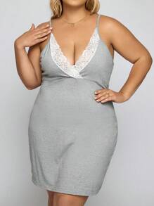 con encaje en contraste Vestido de dormir de tirantes & Bata - Gris Claro - Ver 3