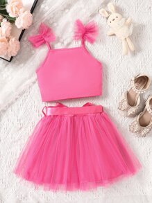 Cô Gái Trẻ Lưới tương phản Cami ngọn & Váy - Màu Hồng Tươi - Xem 2