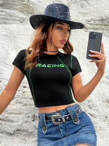 SHEIN Coolane Áo thun nữ Lá thư Giải trí - màu đen - Xem 3