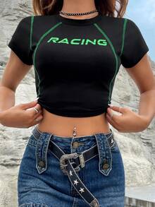 SHEIN Coolane Áo thun nữ Lá thư Giải trí - màu đen - Xem 4