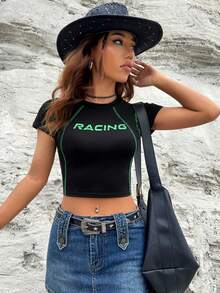 SHEIN Coolane Áo thun nữ Lá thư Giải trí - màu đen - Xem 5