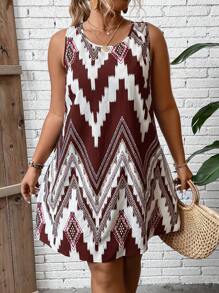 SHEIN LUNE 大碼鋸齒形印花背心連衣裙 - 棕色 - 查看 1