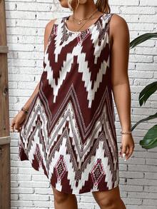 SHEIN LUNE 大碼鋸齒形印花背心連衣裙 - 棕色 - 查看 3