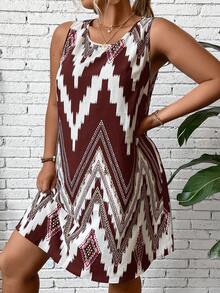 SHEIN LUNE 大碼鋸齒形印花背心連衣裙 - 棕色 - 查看 5