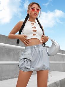 Drawstring Waist Flap Pocket Side Cargo Skirt - Light Grey - View 3