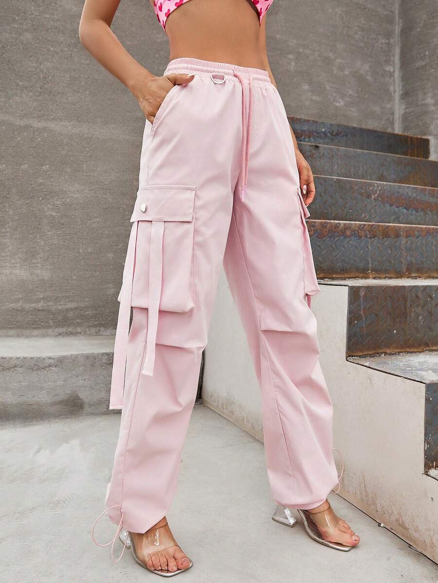 Flap Pocket Side Drawstring Waist Cargo Trousers - Baby Pink - View 1