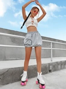 Drawstring Waist Flap Pocket Side Cargo Skirt - Light Grey - View 4