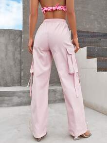 Flap Pocket Side Drawstring Waist Cargo Trousers - Baby Pink - View 2