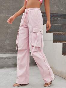 Flap Pocket Side Drawstring Waist Cargo Trousers - Baby Pink - View 3