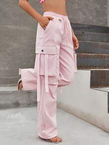 Flap Pocket Side Drawstring Waist Cargo Trousers - Baby Pink - View 4