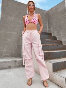 Flap Pocket Side Drawstring Waist Cargo Trousers - Baby Pink - View 5