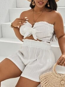 Dreamara 大碼前打結抹胸上衣和紙袋腰短褲 - 白色 - 查看 5