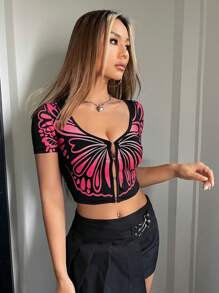 SHEIN ICON Butterfly Print Hook And Eye Crop Tee - Multicolor - View 2