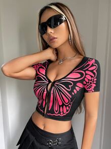 SHEIN ICON Butterfly Print Hook And Eye Crop Tee - Multicolor - View 4
