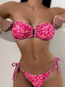 SHEIN Swim Summer Beach Floral Print Bandeau Tie Side Bikini Set