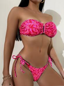 SHEIN Swim Summer Beach Floral Print Bandeau Tie Side Bikini Set