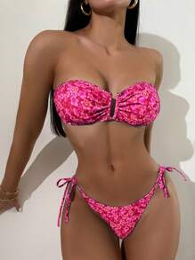 SHEIN Swim Summer Beach Floral Print Bandeau Tie Side Bikini Set