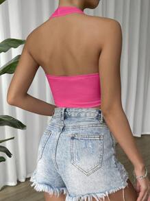 SHEIN EZwear Solid Backless Crop Halter Top - Pink - View 2