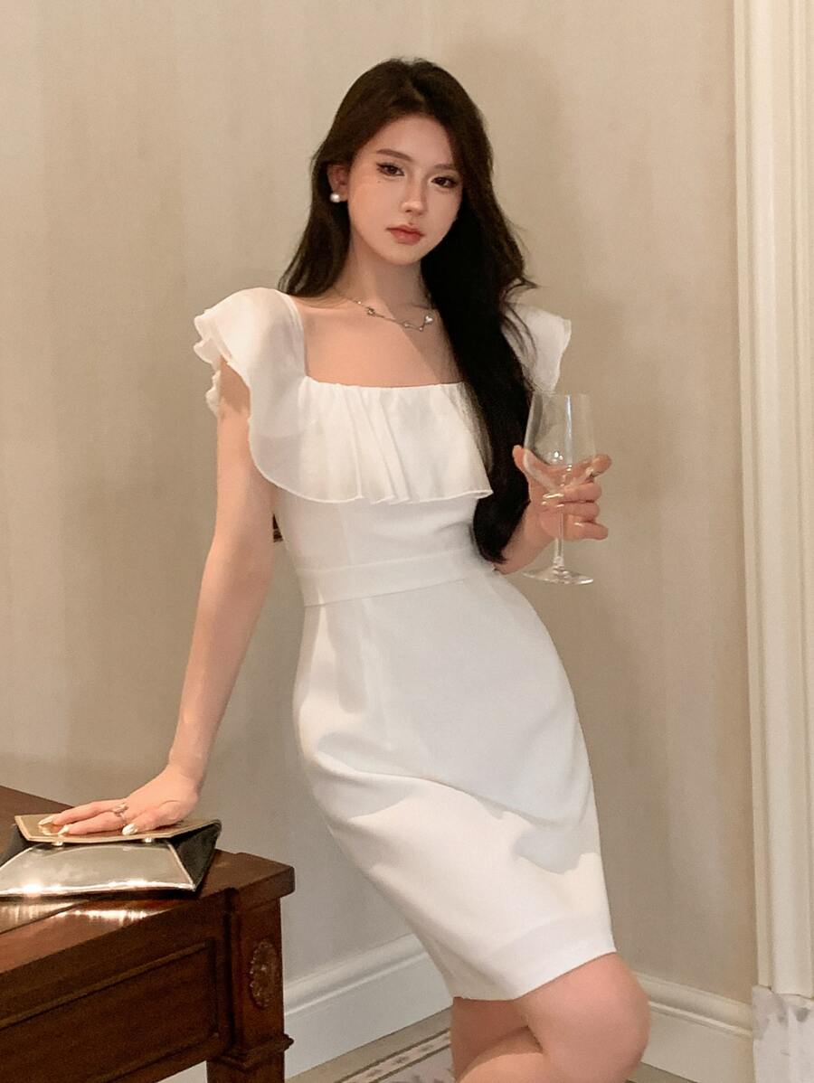 DAZY Solid Ruffle Trim Dress Prom Dress Sundress,Formal Women Dresses Elegant Women Dresses - White - View 1