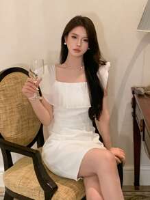 DAZY Solid Ruffle Trim Dress Prom Dress Sundress,Formal Women Dresses Elegant Women Dresses - White - View 3