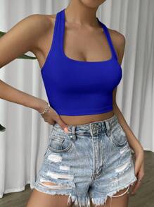 SHEIN EZwear Solid Backless Crop Halter Top - Royal Blue - View 1