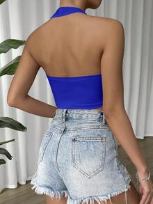 SHEIN EZwear Solid Backless Crop Halter Top - Royal Blue - View 2