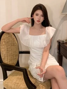 DAZY Solid Ruffle Trim Dress Prom Dress Sundress,Formal Women Dresses Elegant Women Dresses - White - View 5