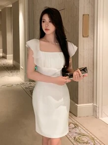 DAZY Solid Ruffle Trim Dress Prom Dress Sundress,Formal Women Dresses Elegant Women Dresses - White - View 6