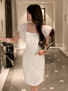 DAZY Solid Ruffle Trim Dress Prom Dress Sundress,Formal Women Dresses Elegant Women Dresses - White - View 8