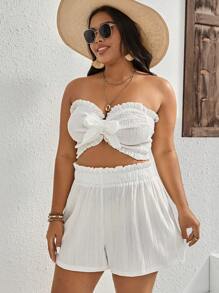 Dreamara 大碼前打結抹胸上衣和紙袋腰短褲 - 白色 - 查看 6