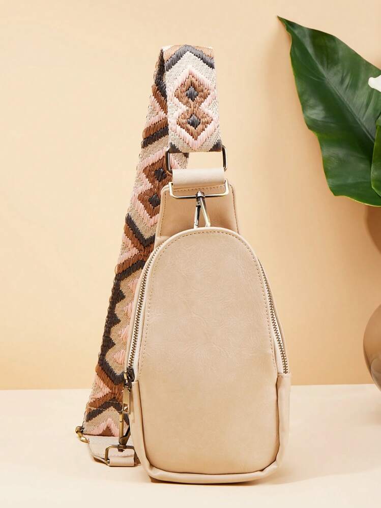 Mini Sling Bag With Geometric Pattern Bag Strap - Beige - View 1