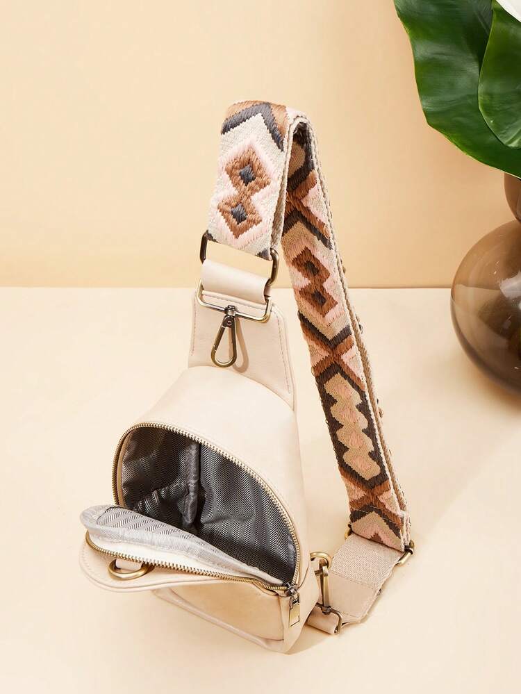 Mini Sling Bag With Geometric Pattern Bag Strap - Beige - View 5