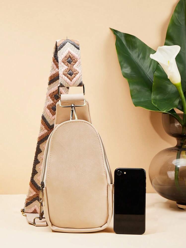 Mini Sling Bag With Geometric Pattern Bag Strap - Beige - View 6