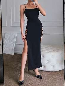 Vestido de tirantes unicolor de muslo con abertura - Negro - Ver 4