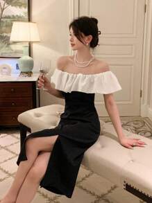 DAZY 撞色荷葉邊高衩連衣裙 - 黑色 - 查看 1