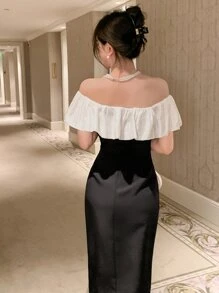 DAZY 撞色荷葉邊高衩連衣裙 - 黑色 - 查看 2