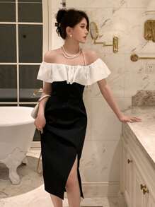 DAZY 撞色荷葉邊高衩連衣裙 - 黑色 - 查看 3