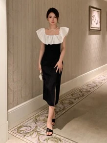 DAZY 撞色荷葉邊高衩連衣裙 - 黑色 - 查看 4