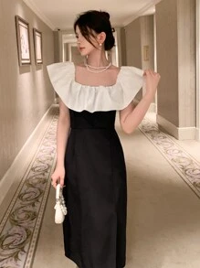 DAZY 撞色荷葉邊高衩連衣裙 - 黑色 - 查看 5