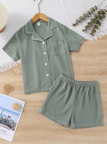 Girls Contrast Piping PJ Set - Army Green - View 1