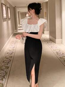 DAZY 撞色荷葉邊高衩連衣裙 - 黑色 - 查看 7