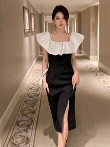 DAZY 撞色荷葉邊高衩連衣裙 - 黑色 - 查看 8